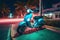 Scooter moped at ocean drive Miami beach at night with neon lights from hotels. Generative AI