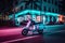 Scooter moped at ocean drive Miami beach at night with neon lights from hotels. Generative AI