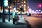 Scooter moped at ocean drive miami beach at night with neon lights from hotels. Neural network AI generated