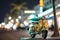 Scooter moped at ocean drive miami beach at night with neon lights from hotels. Neural network AI generated