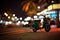 Scooter moped at ocean drive miami beach at night with neon lights from hotels. Neural network AI generated