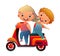 Scooter motorcycle. Boy kid little passenger and girl driving. Cartoon style illustration. Cute childish. Isolated on