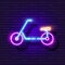 Scooter neon sign. Electric scooter glowing icon. Urban transport concept.