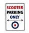 Scooter parking only, with mod target symbol. Vintage sign on white wall