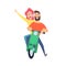 Scooter ride. Happy woman man riders. Cute cartoon couple on date. Male female drivers vector illustration