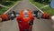 Scooter road trip. POV view, first person. Men on red motorbike in white clothes on drive forest road trail. Hold the