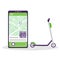 Scooter sharing. Electric lime kick scooter. Phone application with a map and a button for renting and booking urban