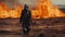 Scorched earth after the end of the world. Man in a mask and protective suit