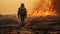 Scorched earth after the end of the world. Man in a mask and protective suit