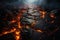 Scorched rock floor with molten rocks and lava cracks. Generative AI