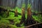 scorched tree trunks with green sprouts emerging