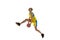 Scoring a goal. Young athletic girl, basketball player in motion, training, jumping with ball against white studio