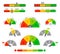 Scoring indicators. Goods gauge speedometers, rating meter indicators. Credit score manometers, loan history graphs