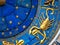 Scorpio astrological sign on ancient clock. Detail of Zodiac wheel with scorpion