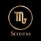 Scorpio golden vector zodiac sign with golden letters on black background.