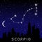 Scorpio zodiac constellations sign on beautiful starry sky with galaxy and space behind. Scorpio horoscope symbol constellation on
