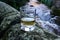 Scotch single malts or blended whisky spirits in glasses with water of river Spey on background, Scotland