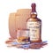 Scotch whiskey bottle, glass and casks with some barley ears and grains. Painted sketch isolated on white background.