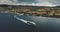 Scotland, Brodick Ferry Terminus aerial panorama shot of ship crossing, Arran Island. Scottish scape