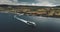 Scotland, Brodick Ferry Terminus aerial panorama shot of ship crossing, Arran Island. Scottish scape