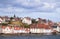 Scotland, Fife coast, village by North Sea, houses slope to sea wall