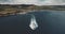 Scotland ocean, passenger ferry aerial view in coastal water of Firth-of-Clyde Gulf, Brodick Port