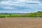 Scotland`s Ayrshire Farmlands with Treelined hedges and a Blue Sky with Shewalton Papermill in the far distance