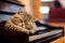 Scottish Fold cat face sleep on the piano\\\'s keyboard.