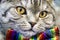 Scottish fold cat in a tie butterfly rainbow colors