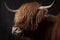 Scottish highland cattle close up. Side view of big brown hairy cow. Generative AI