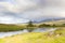 Scottish highland panorama with river and rainbow