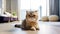 Scottish kitten plays on the floor in modern home environment, with free space. AI generated