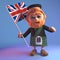 Scottish man in kilt waves the British Union Jack flag, 3d illustration