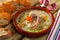 Scottish soup with lamb, vegetables, pulses, barley in clayware