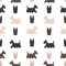 Scottish terrier dogs in different poses and coat colors. Adult and puppy scottie seamless pattern