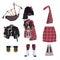 Scottish traditional costume elements and bagpipes flat vector icon set