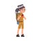 Scout Boy with Backpack, Scouting Kid Character Wearing Uniform, Neckerchief and Coonskin Cap, Summer Camp Activities