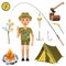 Scout boy with hand honor sign near camp equipment set