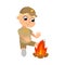 Scout Boy Sitting near Bonfire, Cute Scouting Elementary School Child Character in Uniform, Summer Holiday Activities