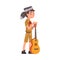 Scout Boy Standing with Guitar, Scouting Kid Character Wearing Uniform, Neckerchief and Coonskin Cap, Summer Camp
