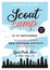Scout camp flyer A4 format. Camping Adventure poster graphic design with mountains, forest trees and text. Stock vector