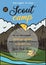 Scout camp flyer A4 format. Camping Adventure poster graphic design with outdoor mountains, forest trees and text. Stock