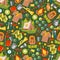 Scout camp icons in seamless pattern, vector illustration. Set of isolated emblems, wrapping paper or fabric print