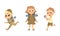 Scouting children set. Cute little boy and girl scouts in uniform carrying backpacks and camping gears cartoon vector