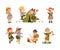 Scouting kids set. Boys and girls in scout uniform with hiking equipment cartoon vector illustration