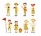 Scouts flat vector illustrations set. Children with hiking equipment, summer camp activities. Camping, outing