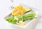 Scrambled eggs with avocado and green beans