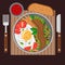 Scrambled eggs with bacon, vegetables and mushrooms. Vector illustration on the theme of food, top view