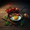 Scrambled Eggs in a Cast-iron Skillet on a Large Wooden Table. Tomatoes, Lettuce and Eggs for Breakfast, Lunch or Dinner. Eggs as