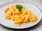 Scrambled eggs, Omelette. Breakfast with pan-fried eggs, cup of